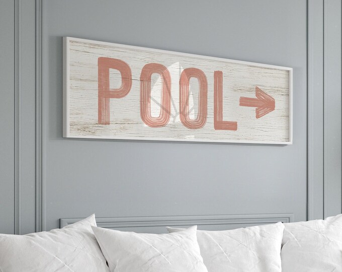 Coral Vintage Pool Sign: Long Skinny Arrow, Rustic Wood Frame