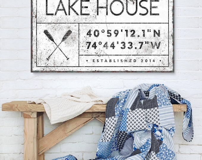 Farmhouse Wall Art Canvas, Custom Lake House Coordinates (Rustic White)