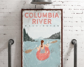 Vintage Kayak Poster, Coral Pink, Woman Kayaking (Custom Lake Name)