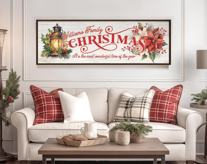 Personalized Last Name Christmas Sign, Retro Inspired Holiday Decor, Vintage Lantern and Poinsettia, Custom Christmas Gift for Mom