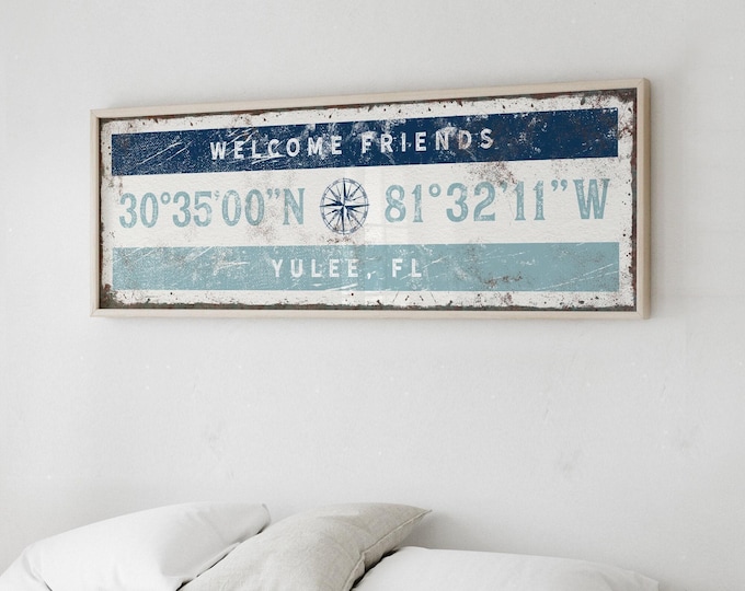 Nautical Coordinates Sign, Custom GPS Latitude Wall Art, Vintage Lake House Gift