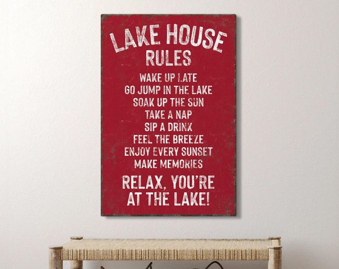 Lake House Rules Sign, Vintage Style, Dark Red (Canvas or Aluminum)