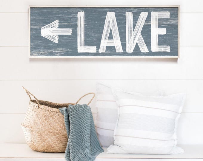 Dusty Blue Lake Sign - Customizable Arrow, Rustic Wall Decor