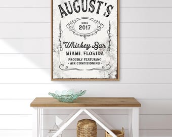 Rustic Whiskey Bar Sign, Personalized Vintage Style (Canvas or Paper)