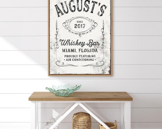 Rustic Whiskey Bar Sign, Personalized Vintage Style (Canvas or Paper)