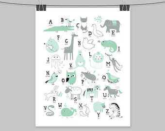 Mint Animal Alphabet Print - Modern Kids Room Wall Art