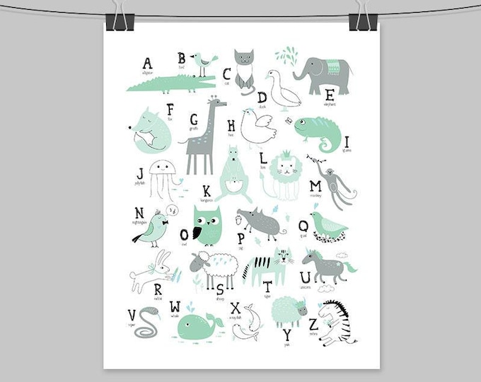 Mint Animal Alphabet Print - Modern Kids Room Wall Art