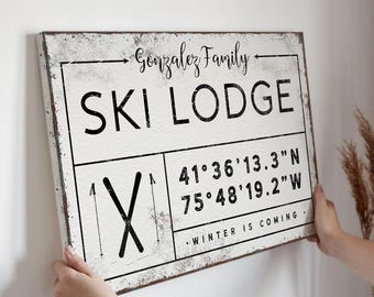 Family Name Sign: Vintage Ski Lodge Decor (Custom Coordinates, Canvas)