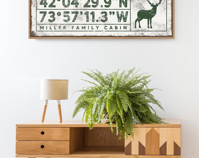 Country Lodge Coordinates Sign, Deer Art (Custom GPS Location)