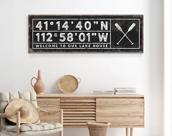 Custom Lake House Sign: Coordinates and Oars (Multiple Sizes)