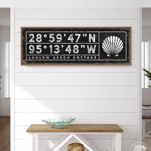 Coastal Wall Art Beach Sign, Vintage Coordinates (Custom Text & Frame)