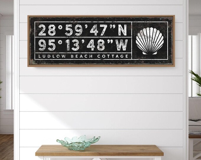 Coastal Wall Art Beach Sign, Vintage Coordinates (Custom Text & Frame)