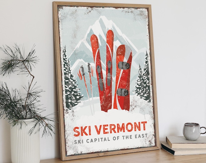 Vintage Ski Vermont Sign: Rustic Mountain Lodge Wall Art