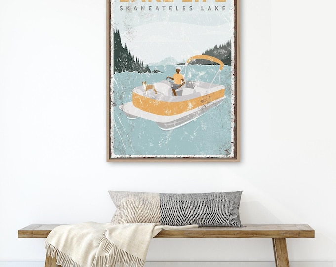 personalized PONTOON boat sign • Yellow Accent • LAKE LIFE • Skaneateles Lake print with dog • Boston Terrier • Lake house decor gift {vpl}