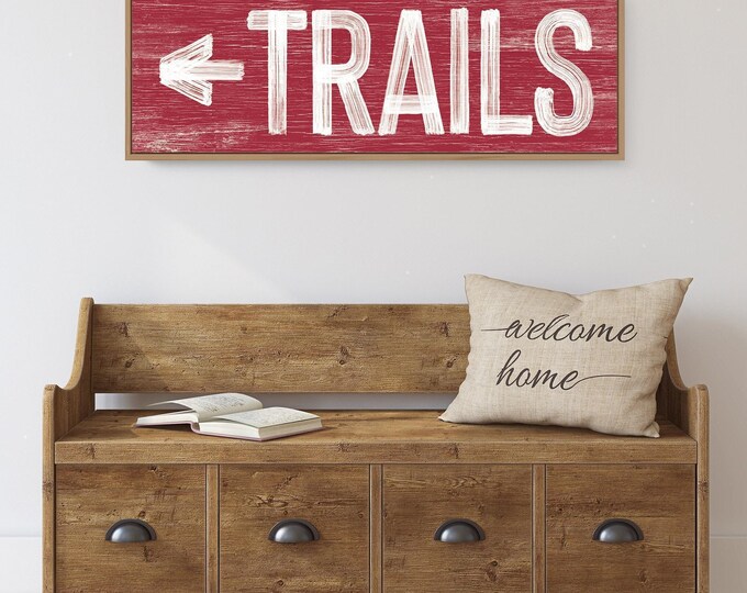 Rustic Hiking Sign - Dark Red Trails on Faux Weathered Canvas