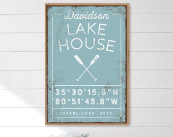 Personalized Lake House Sign: Custom Coordinates and Name (Canvas or Paper)