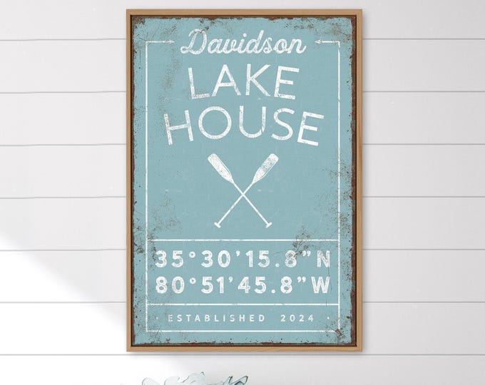 Personalized Lake House Sign: Custom Coordinates and Name (Canvas or Paper)
