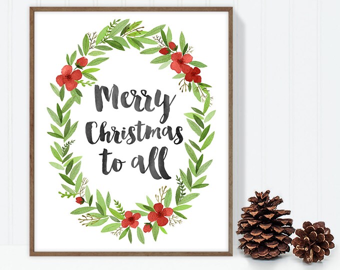merry christmas to all / wall art print DIY / christmas decoration / HOLIDAY WREATH / calligraphy, red and green ▷digital printable sign