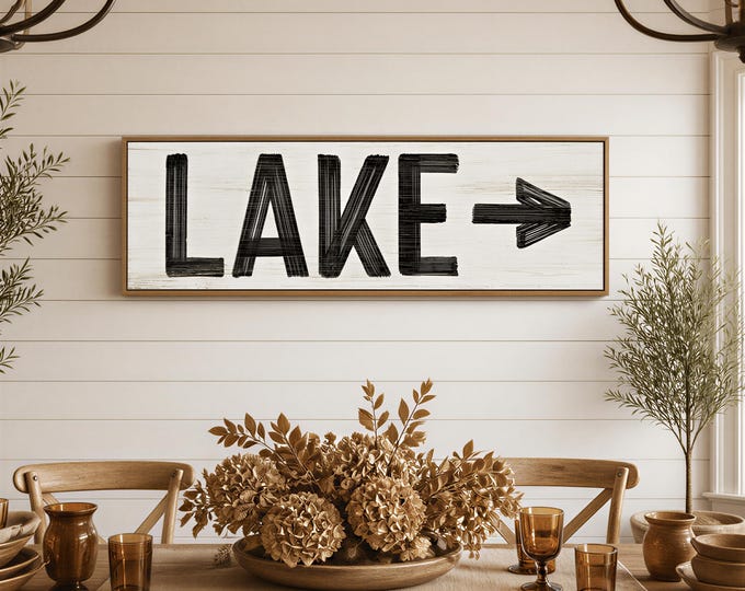 Vintage Lake House Sign - Black & White, Rustic Coastal Wall Art