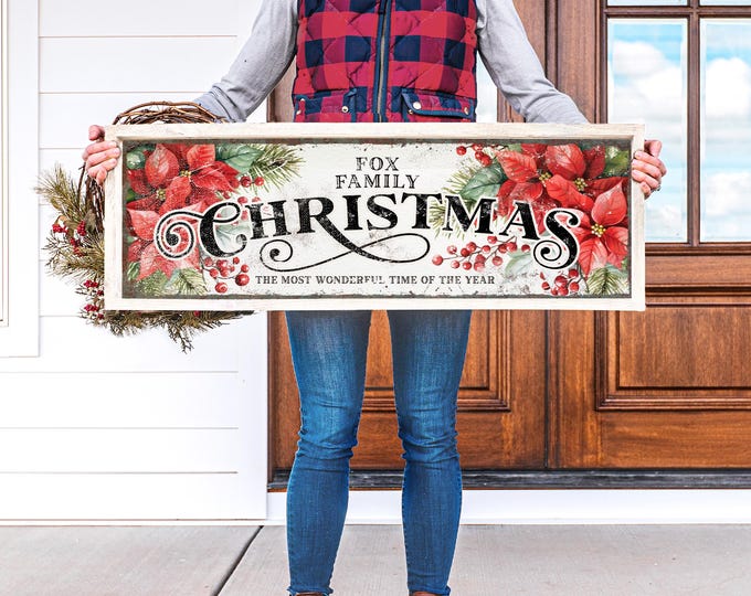 Personalized Family Christmas Sign, White with Poinsettia Christmas Flowers, Custom Gift for Her, Long Horizontal Holiday Decoration