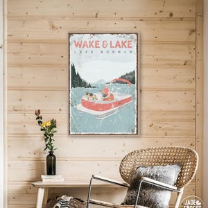 personalized pontoon boat sign, vintage WAKE & LAKE NORMAN poster, couple with dog, german shepherd, coral pink lake house decor gift {vpl}