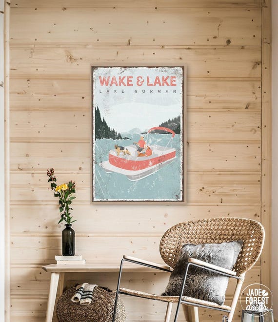 Personalized Pontoon Boat Sign, Vintage WAKE LAKE NORMAN Poster