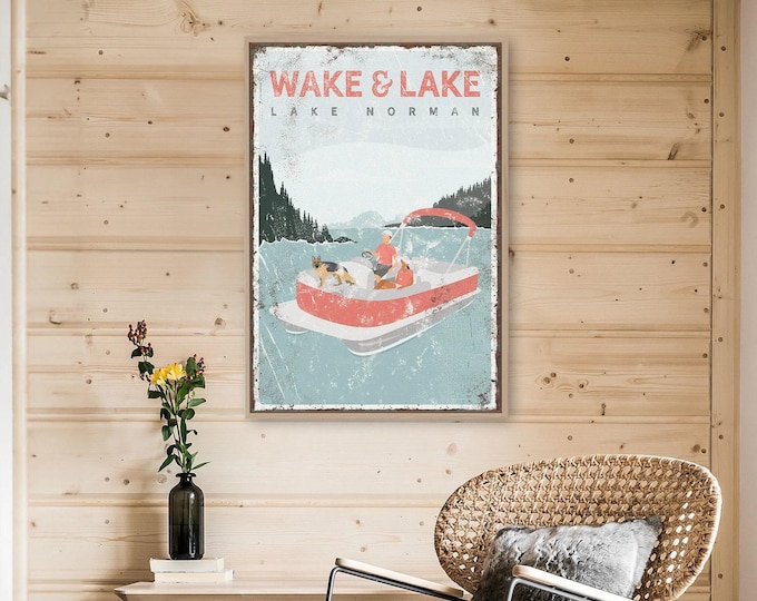 personalized pontoon boat sign, vintage WAKE & LAKE NORMAN poster, couple with dog, german shepherd, coral pink lake house decor gift {vpl}