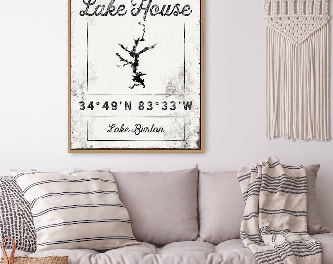 black LAKE HOUSE sign > custom print with coordinates, rustic farmhouse canvas wall art for lakehouse decor (shown: Lake Burton) {lgb}
