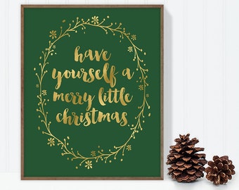 have yourself a merry little / wall art print DIY / christmas decoration / GOLD WREATH / calligraphy, gold and green ▷digital printable sign