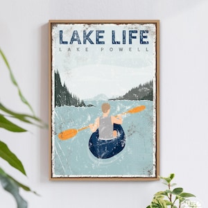 Vintage Lake Decor Navy Kayaking Poster, Lake House Wall Art, Custom Gift For Kayaker, Oversized Vertical Canvas Print, Rustic Style {VPL}