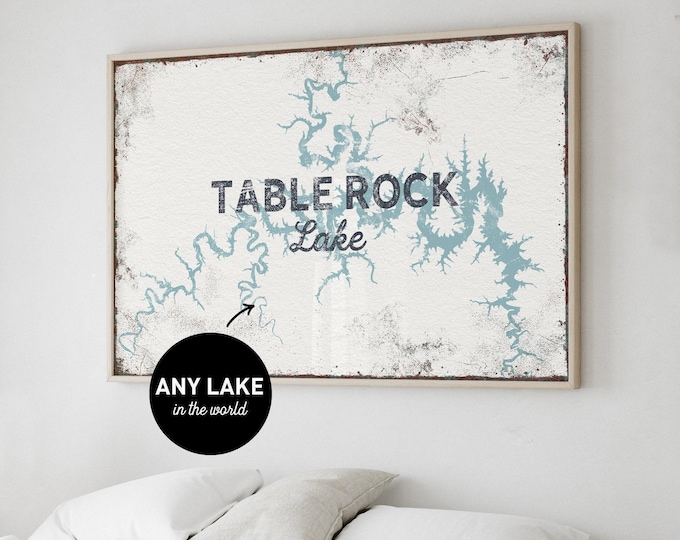 Custom Lake Map Wall Art, Dusty Blue And Cream Personalized Lake Sign For Your Home