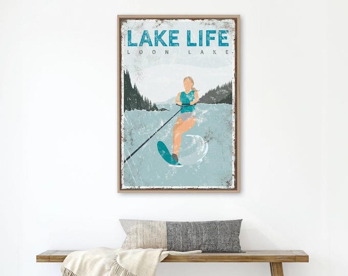 Lake House Wall Art, Vintage Water Skiing Sign, Teal Blue (Custom Text)
