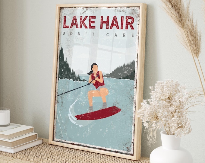 Custom Dark Red LAKE Hair Sign, Vintage Maroon Accent Decor, Wakeboarding Poster, Lake Life Wall Art, Gift For Wakeboarder {VPL}