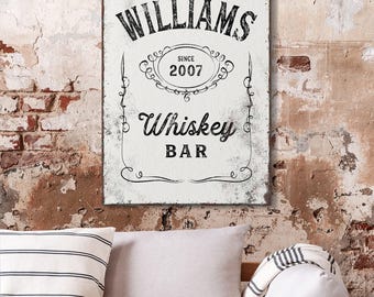 Whiskey Bar Sign Custom Last Name Black Cream Vintage Label Style Decor
