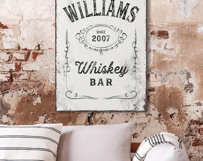 Whiskey Bar Sign Custom Last Name Black Cream Vintage Label Style Decor