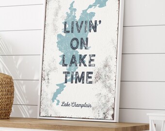 Blue Lake Map Sign, Dusty Blue And Gray, Personalized Lake Champlain Wall Art