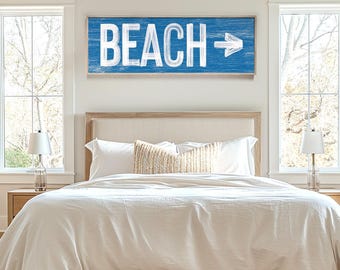Vintage Ocean Sign, Beach Arrow Directional Wall Art In Ocean Blue, Rustic Long Canvas