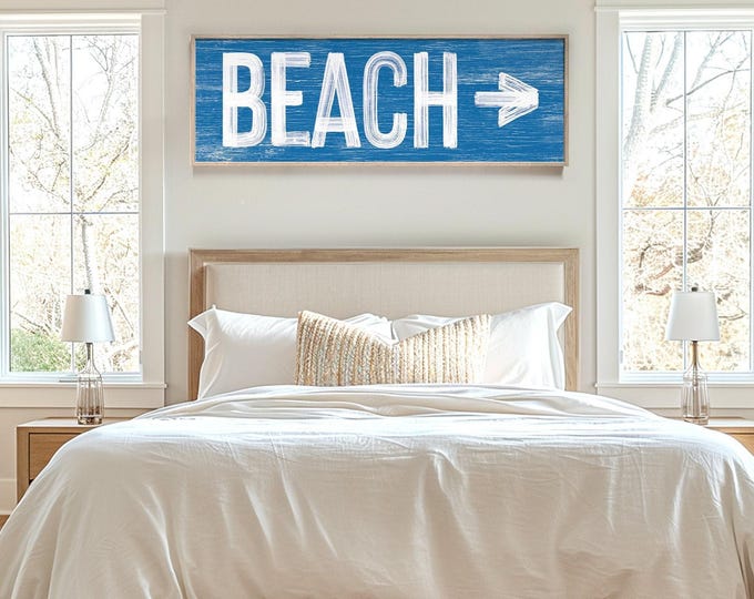 Vintage Ocean Sign, Beach Arrow Directional Wall Art In Ocean Blue, Rustic Long Canvas