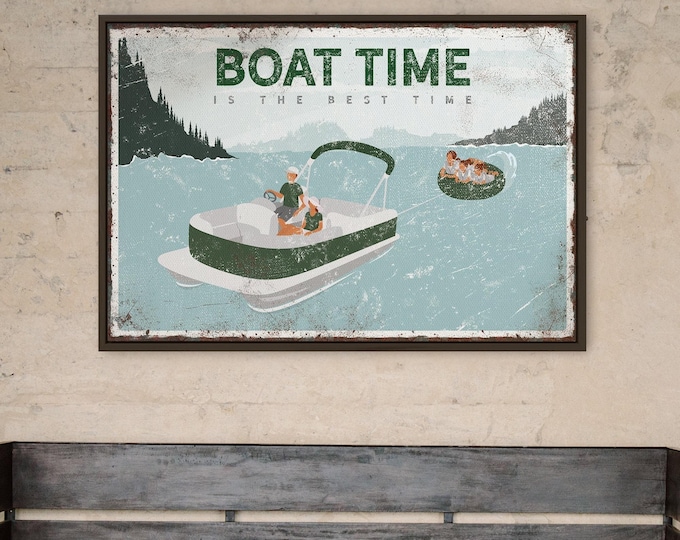 Tubing On Lake Sign, Dark Green Pontoon Boat Art, Family Tube Ride, Cream Lake Decor