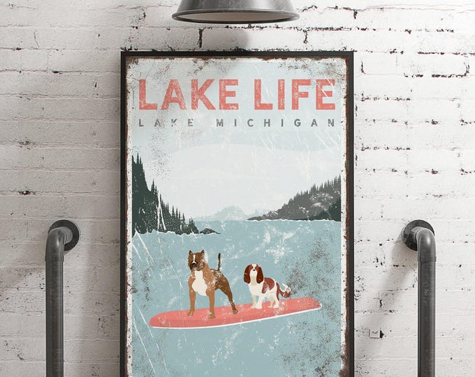 Coral Lake Sign, Pale Blue Dark Green, Custom Dog Names Lake Michigan