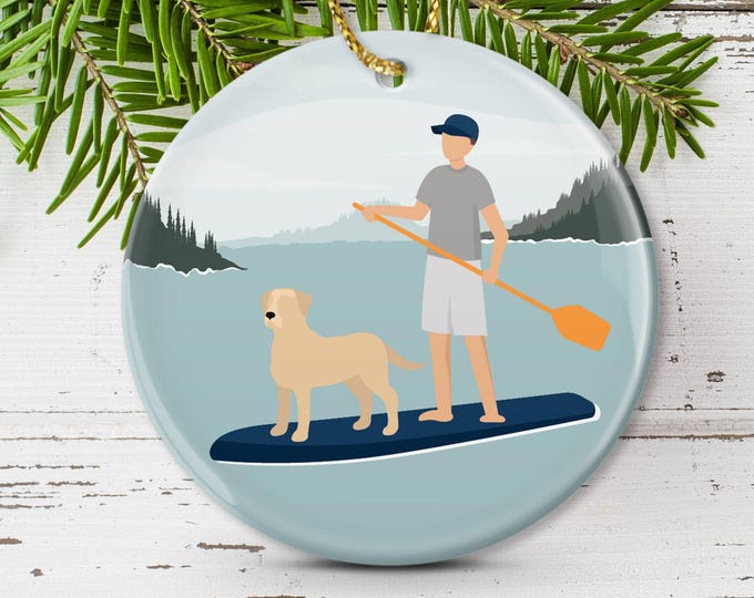 Personalized Paddleboard Ornament: Yellow Lab Dog Dad, Custom Lake Name