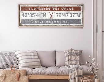Personalized Ski Lodge Sign, Vintage Style (Custom GPS Coordinates)