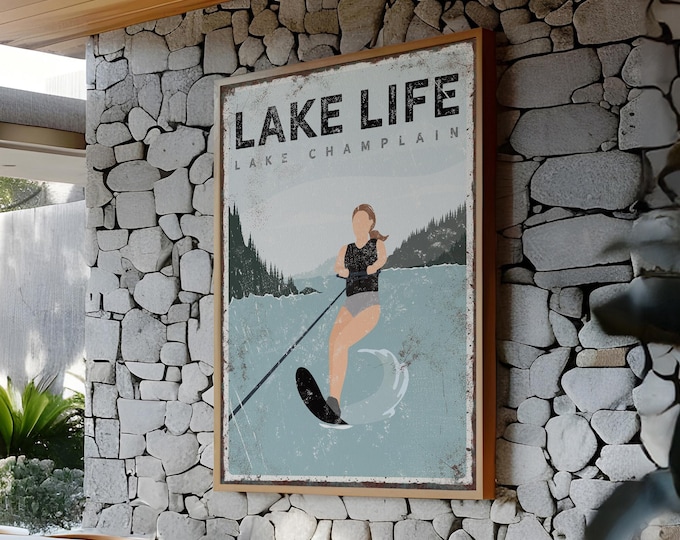 Lake Life Canvas Poster, Woman Water Skiing, Rustic Style (Custom Text)