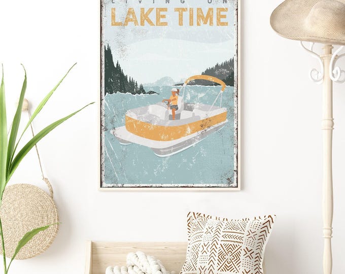 Pontoon Boat, Lake House Decor, Vintage Poster, Custom Canvas Art, Farmhouse Style Wall Hanging, Personalized Lake Life Gift, Rustic Home