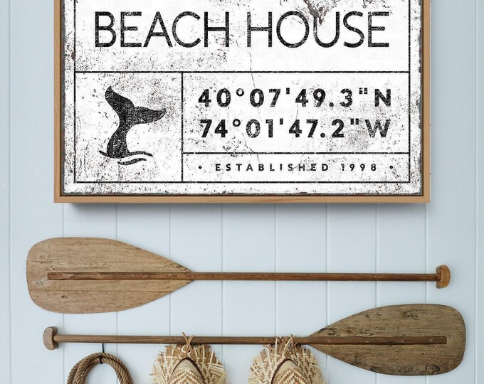 Custom Beach House Sign, GPS Coordinates, Family Name Canvas