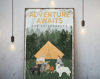Personalized Camping Poster, Dogs, Labrador & Great Pyrenees (Custom Text)