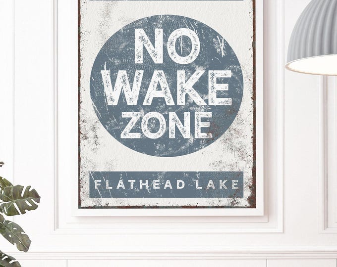 Blue Lake No Wake Zone Sign, Slow Down Custom Lake Name, Slate Blue Gray Wall Decor