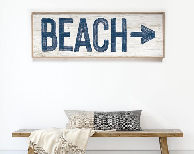 Vintage BEACH HOUSE, Nautical Beach Sign, Navy Blue Wall Art, Rustic Arrow Decor, White Farmhouse Canvas, Coastal Gift