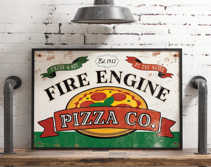 Fire Engine Pizza Sign: Rustic Farmhouse Wall Art