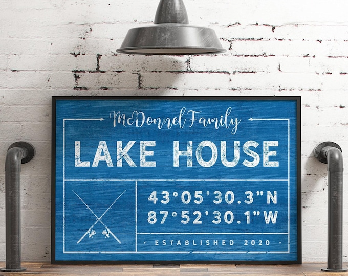 Lake House Rules, Cobalt Blue Fishing Rod Sign, Personalized Family Name Established Gift